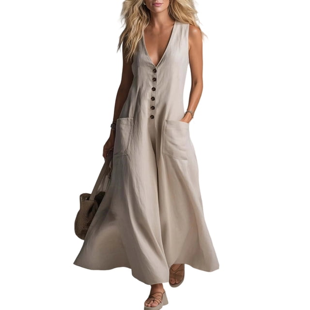 JMYHOAM Robes pour Femmes Robes d'Été pour Femmes Robe Débardeur en Lin Ample avec Poches Manches Trois-Quarts Longue Robe, Beige, P-TTG