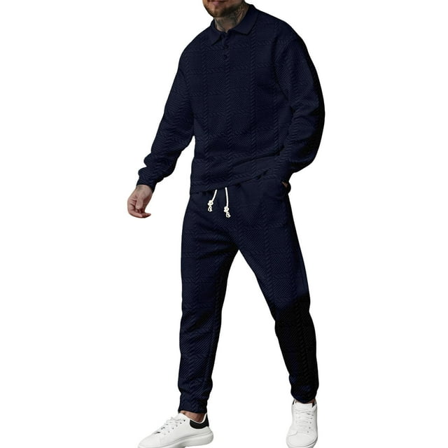 Men's 2 Piece Plaid Jacquard Track Suit - Quarter Button Polo Sweatshirt & Jogger Pants Set,Navy,XX-Large