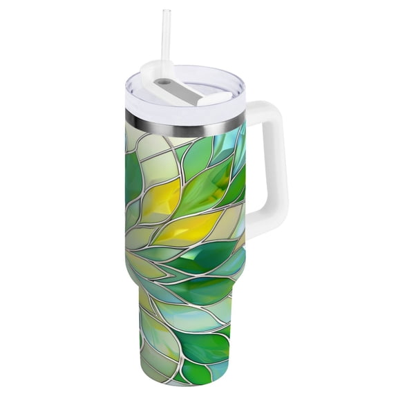 Yellow Green Floral Stained Glass Tumbler with Handle and Straw Lid 40 oz Insulated Vacuum Water Bottle Stainless Steel Travel Cup