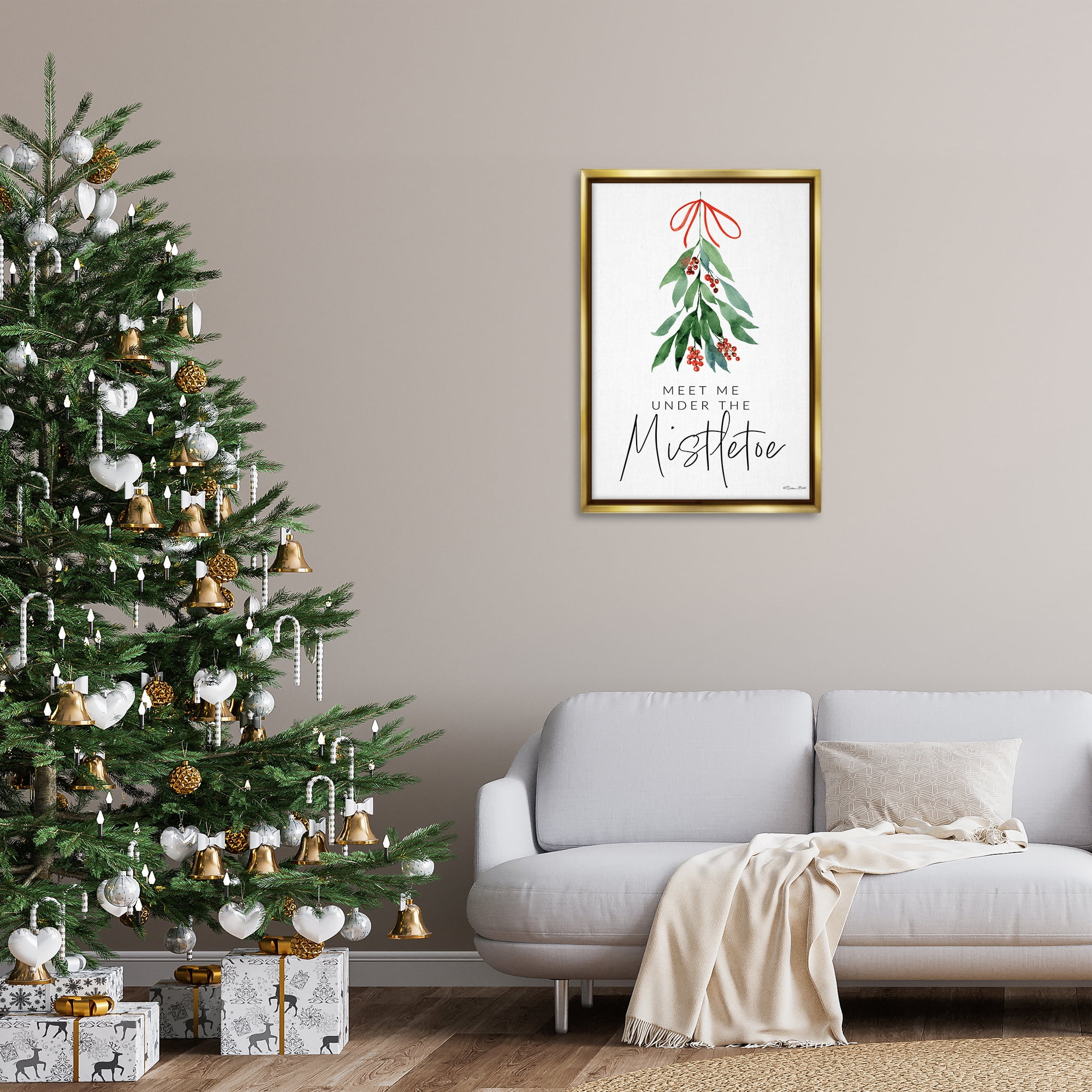 Stupell Industries Meet Me Under Mistletoe Holiday Painting Gold Floater Framed Art Print Wall Art, 21 x 31