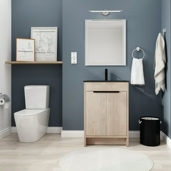Bathroom Vanity 24 Inch Freestanding With Black Ceramic Basin & Soft-close Cabinet - Modern Part Plywood Component Doors