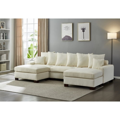 116.5'' Modular Sectional Sofa, 5-Seater Convertible L/U Shaped Couch, Oversized Corduroy Upholstered Sofa with Chaise Lounge, Deep Seat Cloud Comfort Living Room Couch, Beige