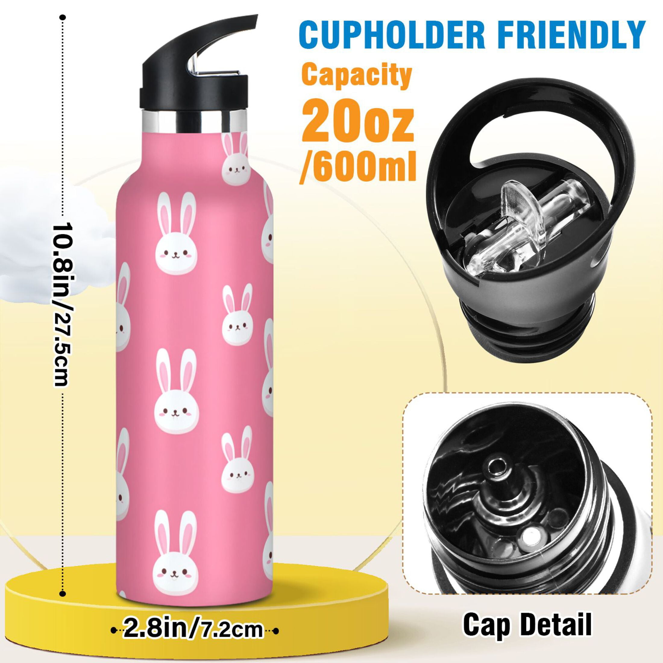 600ML Stainless Steel Insulated Cup Sports Water Bottle Portable Thermos Cup Water Glasses Insulated Tumblers Convenient and Durable Cute White Rabbits