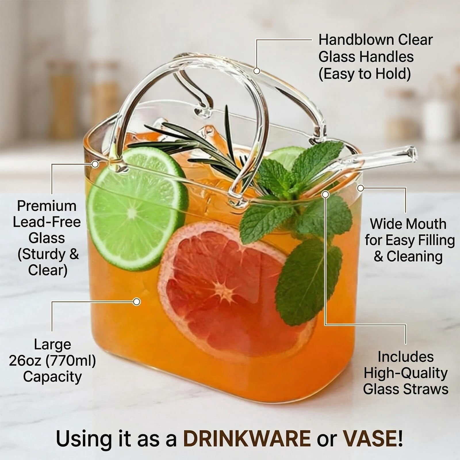KANOHENO 27 oz Glass Purse for Drinks Set,Unique Wine Drinking Glasses with Straw for Juice,Iced Tea,Cute Gifts for Mother,Party Bar Decor & Flower Vase