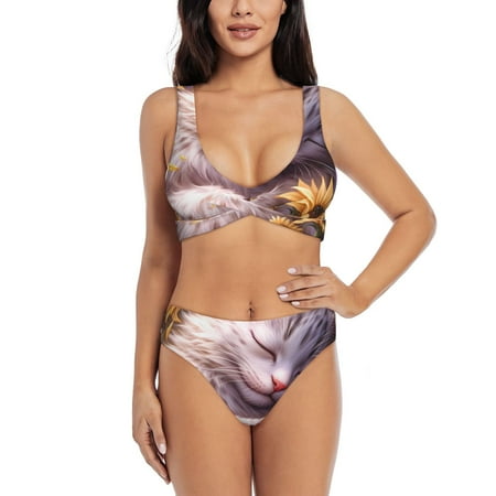 Zeuib Warm Sunflower Sleeping Cat High Waisted Tummy Control Bikini Set - Knot Front Push Up Top & Cheeky Thong Bottom  Two-Piece Swimsuit for Women-Large