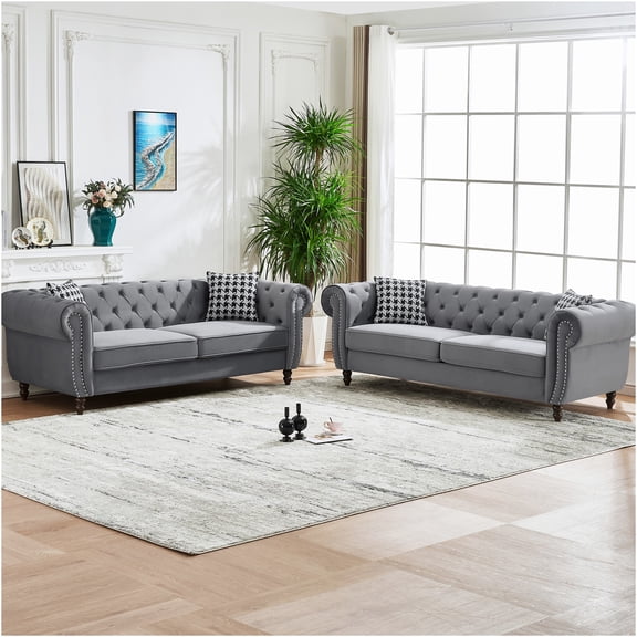 JERFIT Modern Chesterfield Velvet Sofa Set with Nailhead Trim, 6-Seater Upholstered Fabric Couch for Living Room, Apartment, Office, Gray