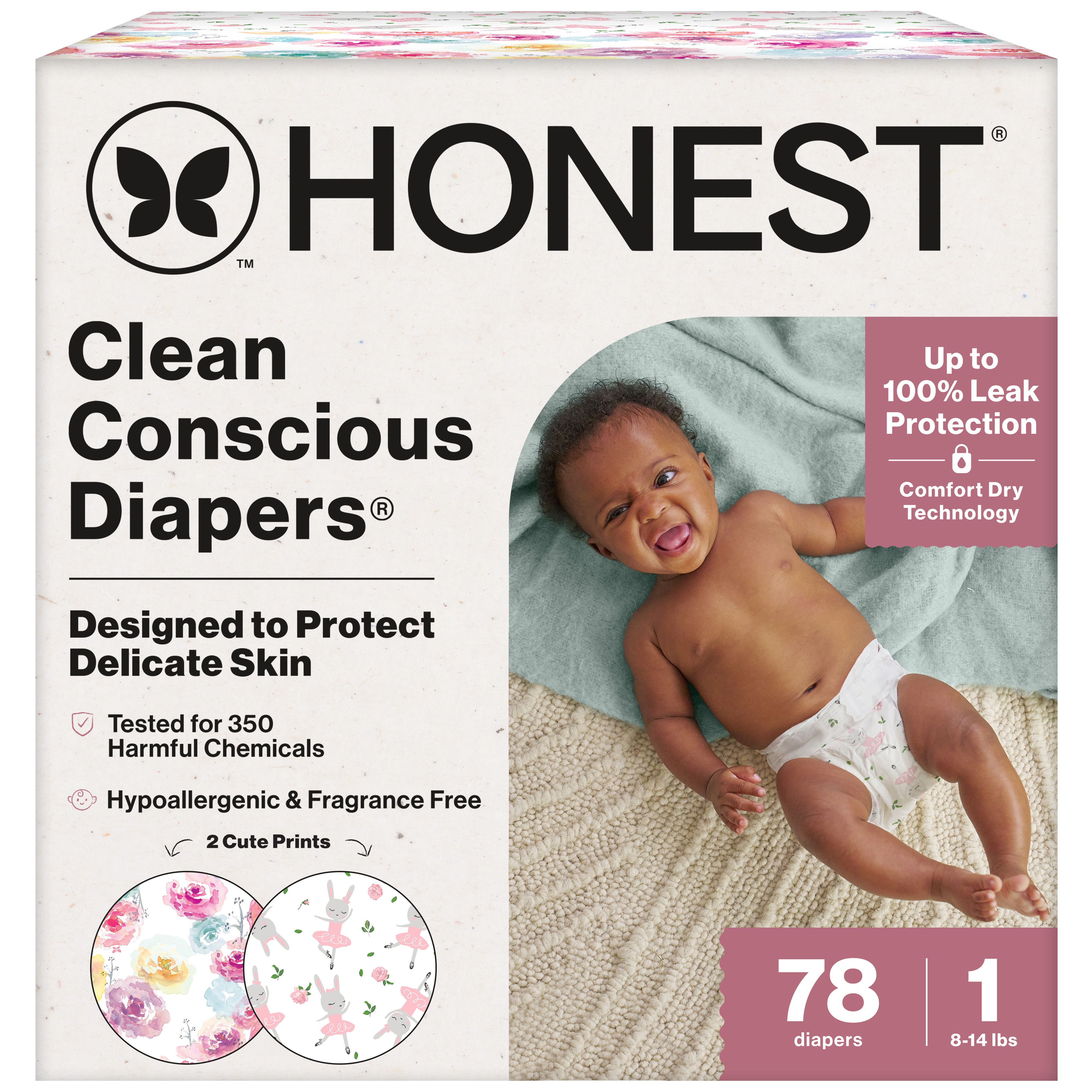 The Honest Company Clean Conscious Diapers® Up to 100% Leak Protection Designed to Protect Delicate Skin Hypoallergenic + Fragrance Free Rose Blossom + Tutu Cute, Size 1, 78 Count