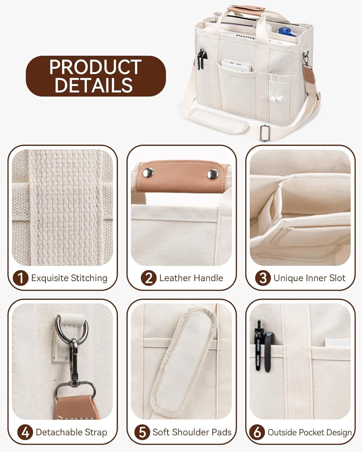 JennyShop Quality Tote Bag with Compartments, Canvas Tote Bag with Multi-Pocket for Women, Large Crossbody Shoulder Handbag