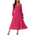 thumbnail image 1 of INSPIRE CHIC Robe Plissée pour Femme Manches Longues Bouffantes Col en V Robe avec Ceinture à la Taille G Rose Vif, 1 of 7