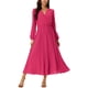 thumbnail image 1 of Vestido plisado de mujer Inspire Chic con mangas largas abullonadas, escote en V y cinturón en la cintura, color rosa intenso, 1 of 7