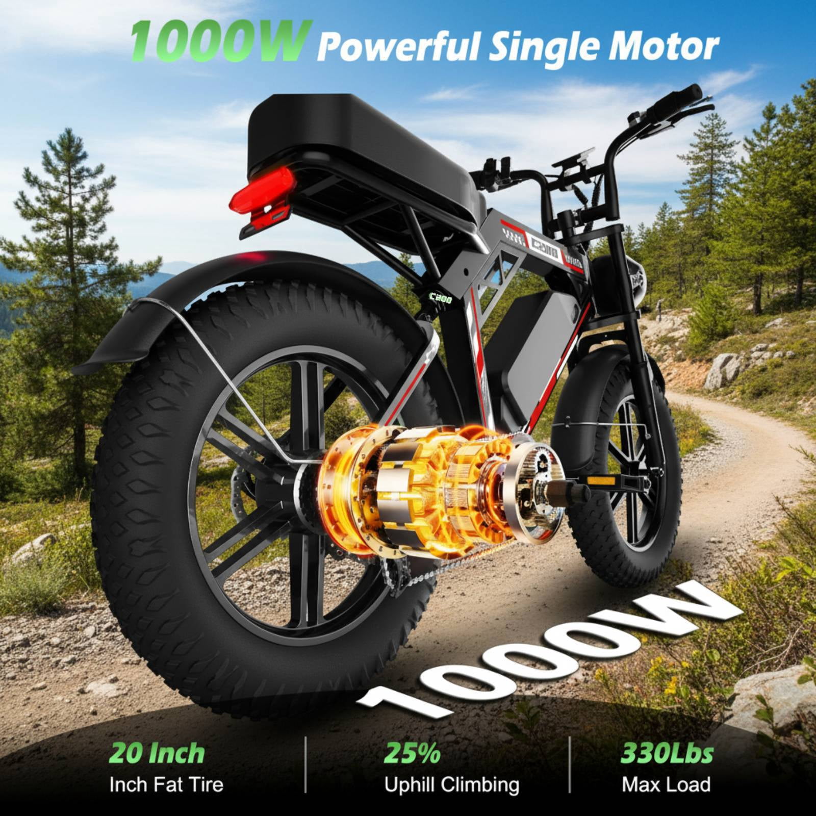 EggKing C200 1000W Electric Bike for Adults, 20" Fat Tire E-Mountain Bikes, 48V 17.5Ah 31MPH Electric Bicycle, Full Suspension UL2849 Black