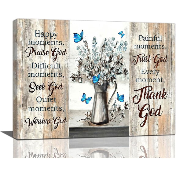 Farmhouse Cotton Kitchen Decor Wall Art Rustic Farm Butterfly Christian Religion Thank God Faith Worship Pictures Wall Decor Canvas Painting Prints Artwork Framed for Bathroom Bedroom Kitchen 16"x12"