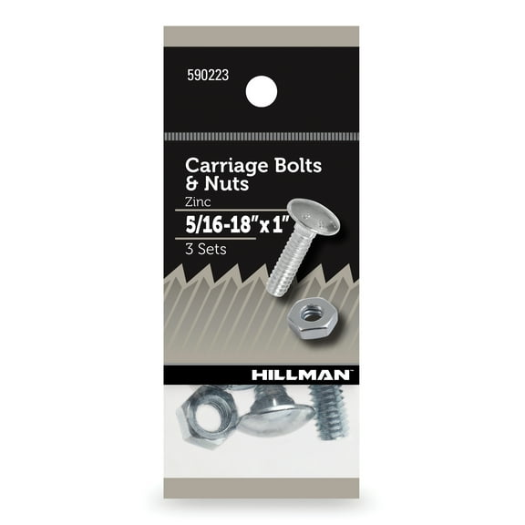 Hillman Carriage Bolts and Nuts, 5/16-18" x 1", Zinc Finish, Steel, 3 sets