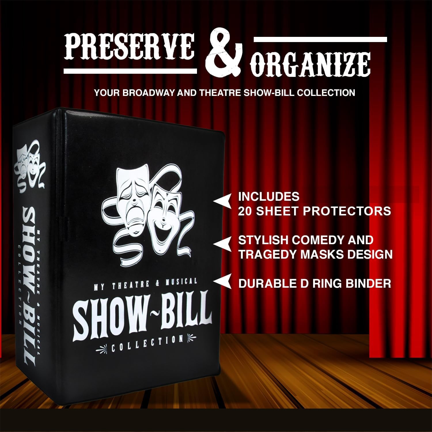 Show-Bill/Playbill Binder for Broadway and Theatre Show-Bills, Comes with 20 Sheet Protectors to Hold and Organize All Your Playbills, D-Ring, Black, by