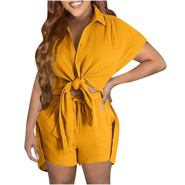 Cameland 2Pc Fashion Woman Solid Short Sleeve Cardigan Blouse Tops +Loose Pockets Pants Short Sets