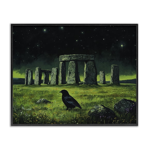 Stupell Industries Crow & Stonehenge at Night Landscape & Nature Painting Black Framed Art Print Wall Art, 14 x 11