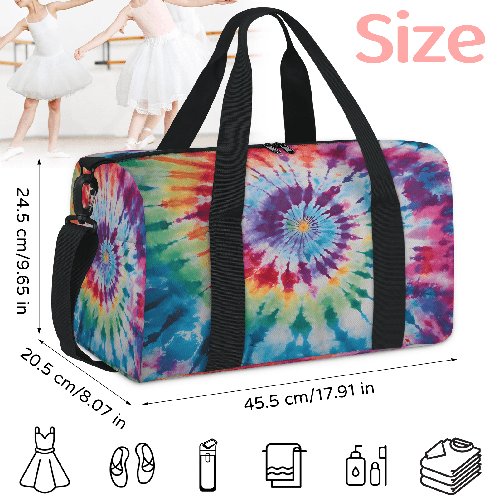 Herdesigns Tie Dye Rainbow Boho Hippie Gym Bag for Women, Duffle Bag for Travel Sport, Lightweight Waterproof Carry on Weekender Overnight Dance Yoga Workout Bags