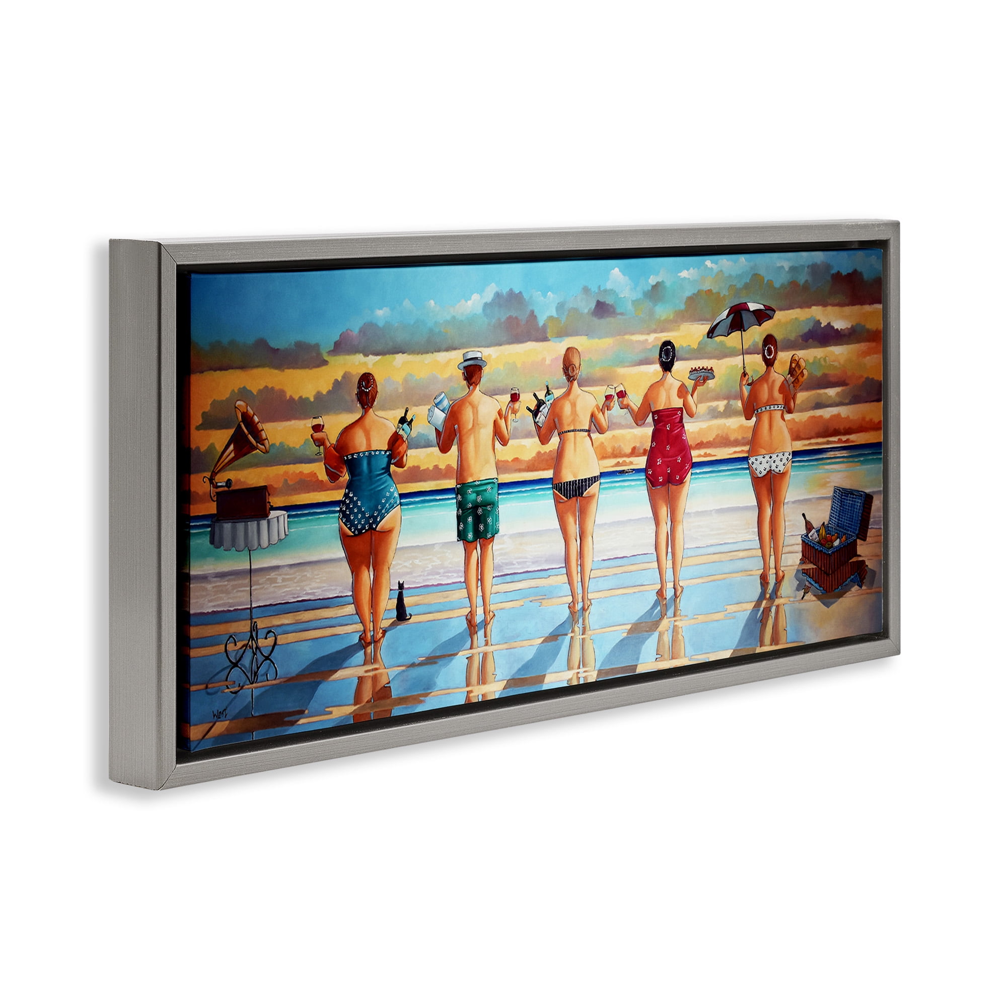 Stupell Industries Beach Friends Coastal Summer Fun Nature Painting Gray Floater Framed Canvas Art Print Wall Art, 25 x 11