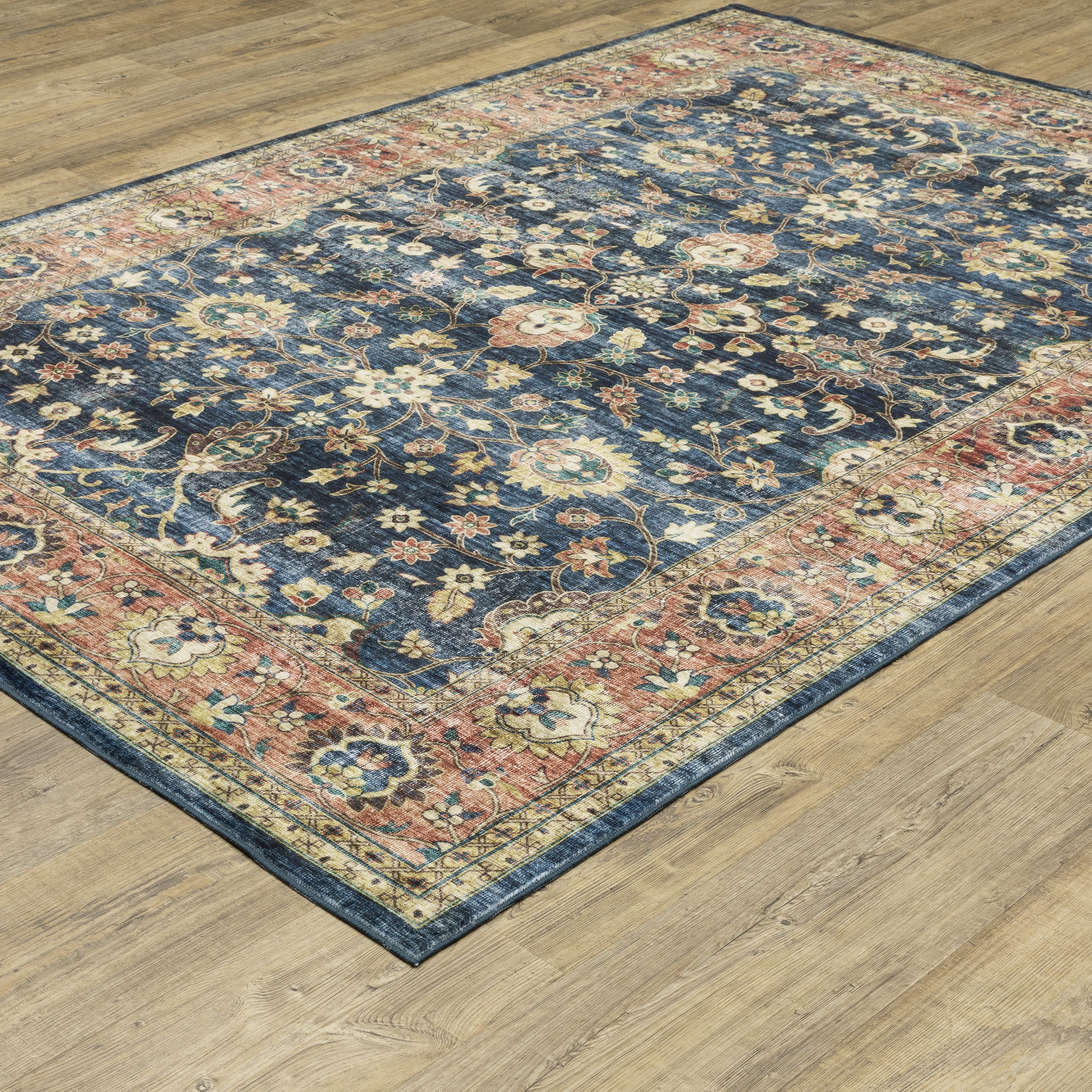 Avalon Home Sebastian Vintage Bordered Blue/ Rust Washable Indoor Area Rug