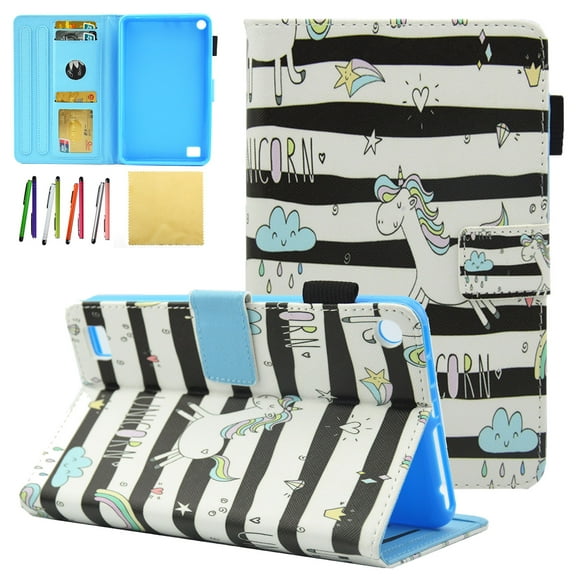 Kindle Fire 7 2017 (7th Generation)/ Fire 7 2015 (5th Generation) Kids Case, Allytech PU Leather Stand Wallet Cases and Covers for All New Amazon Fire 7 Tablet with Stylus Holder, Small Pony