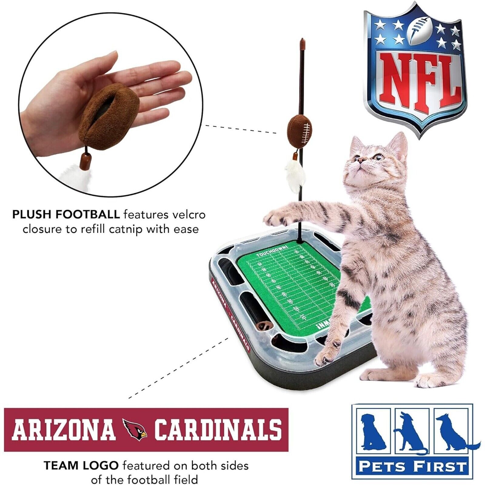 Pets First NFL Cat Scratcher Toy with Catnip Plush & Feather Cat Toy 6-in-1 Kitty Toy Arizona Cardinals