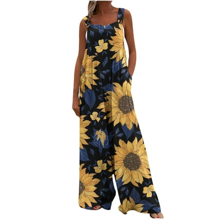 

Jsezml 2023 Fashion Jumpsuits for Women Square Neck Button Overalls Sunflower Print Long Pants Rompers with Pockets