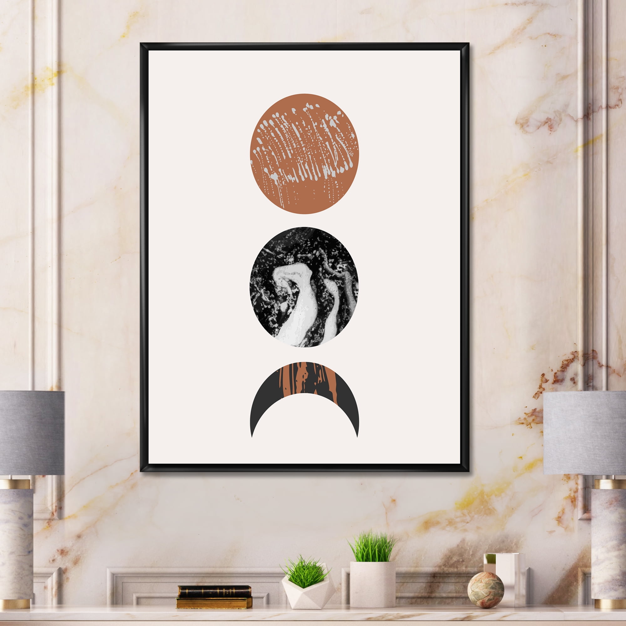 Designart 'Retro Shapes Abstract Moons and Suns' Modern Framed Canvas Wall Art Print