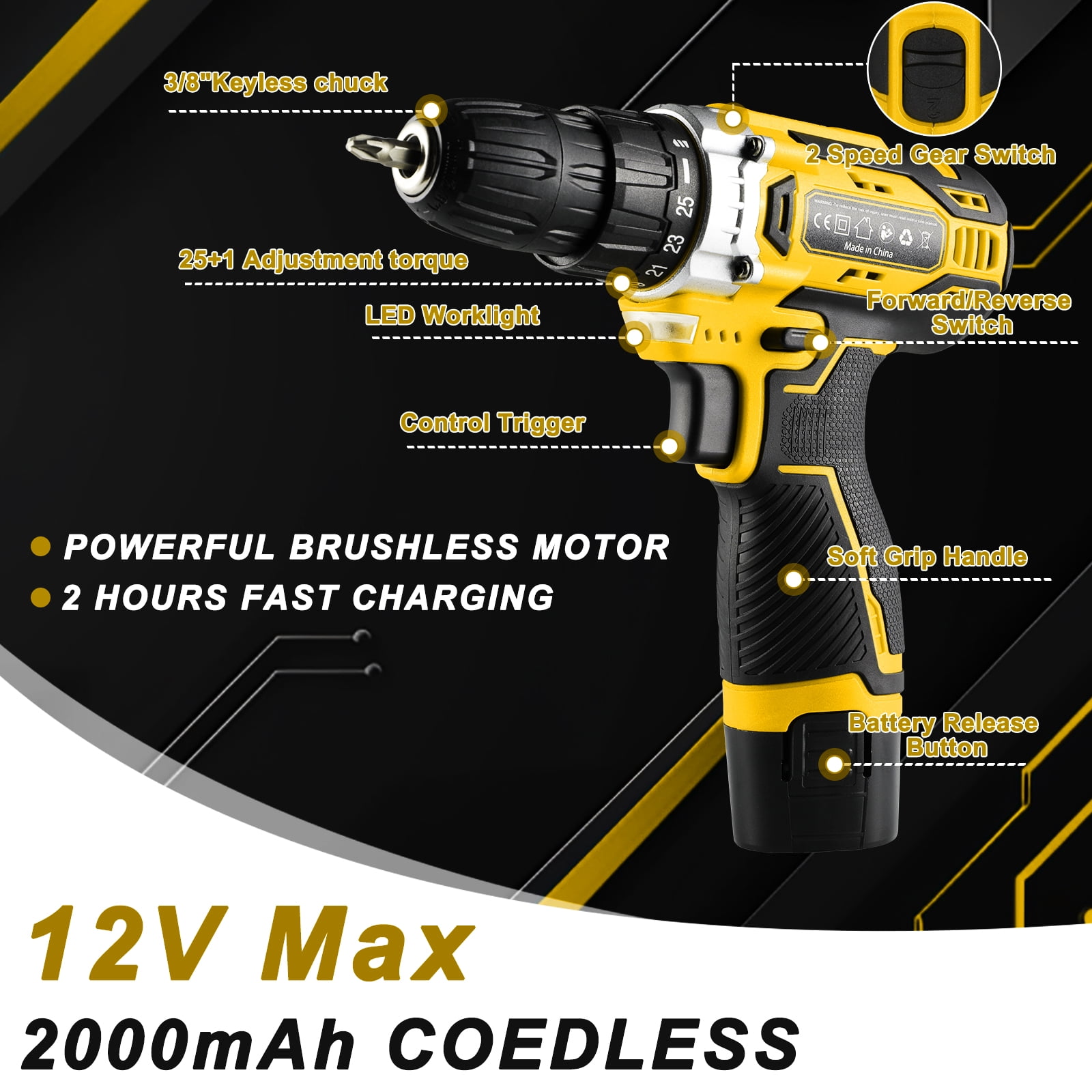 TLGREEN 12V Cordless Drill Tool Set - 139 Piece, 2Ah Battery, 2-Speed Adjustable Power & Rapid Charging Magnetic drill, Home Tool Kit for DIY, Repairs, Gift for Father, Yellow