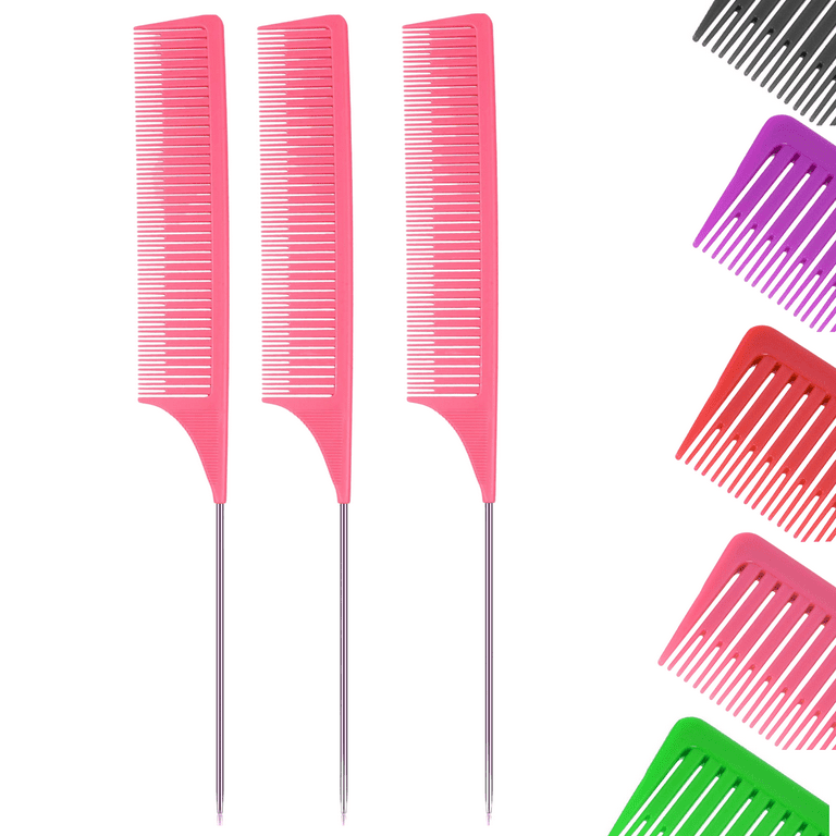 3 PCS Braiding Weaving Rat Tail Styling Bone Comb Fine Teeth Hairdressing,  Anti-Static Sectioning, Parting Pin Needle Stainless Steel Combs (Pink)