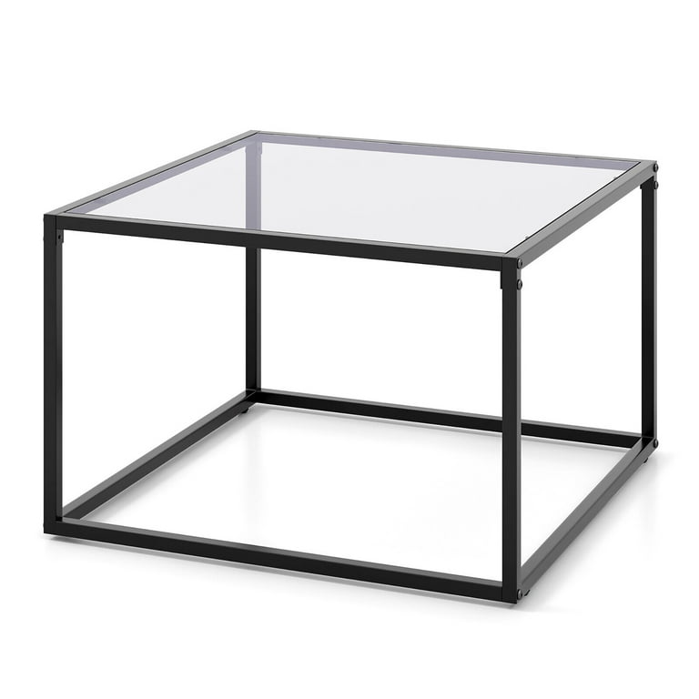 Gymax Glass Coffee Table 27.5 Inch Modern Square Metal Frame