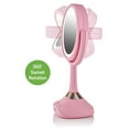 thumbnail image 2 of OVENTE 6'' Lighted Round Vanity Mirror, Table Top, 360 Degree Spinning, 1X 5X Magnifier, MP3 Audio, Baby Pink MRT06P1X5X, 2 of 11