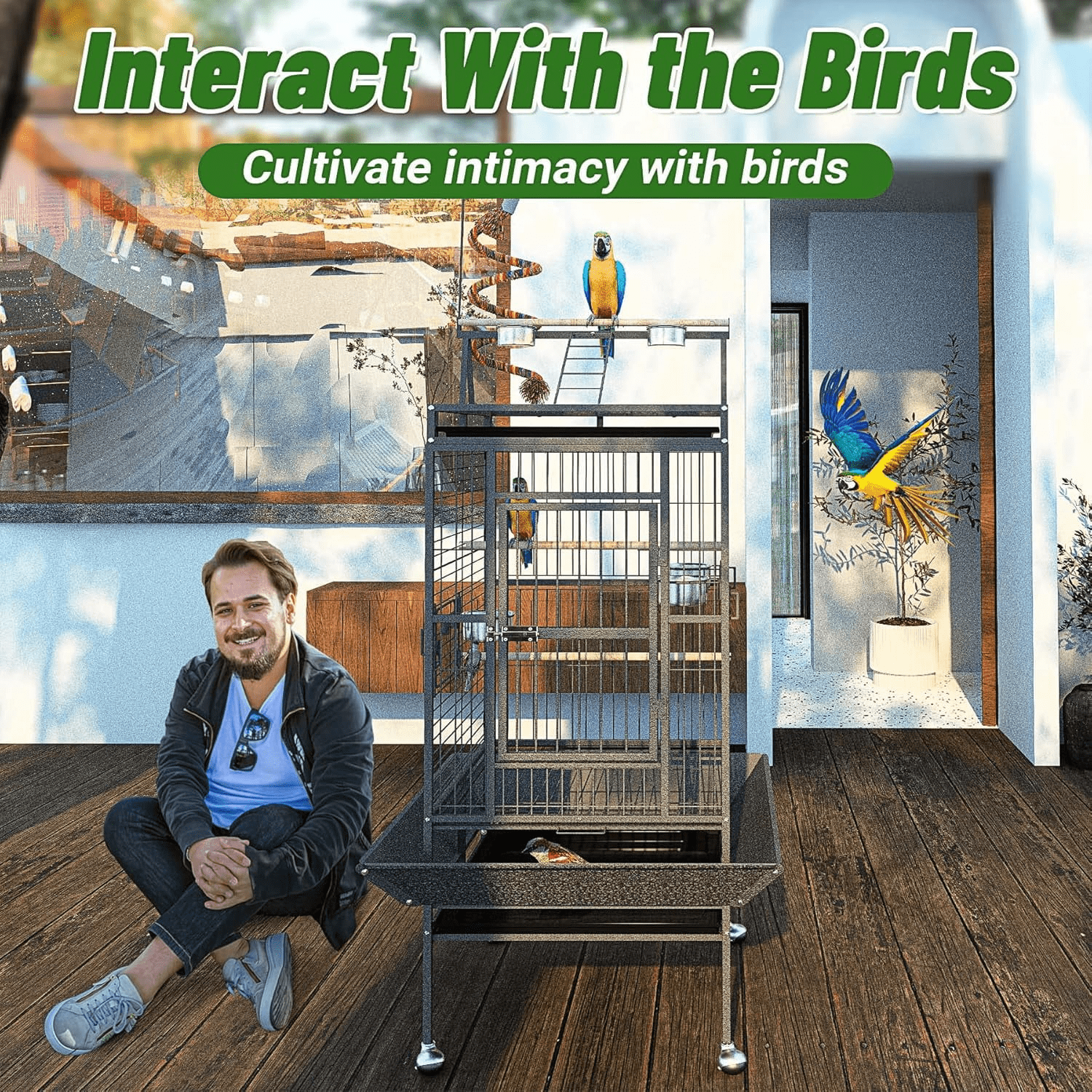 HAUXITIO 82" Rolling Metal Bird Cage,Large Parrot Cage with Play Top for Pet Birds,Black