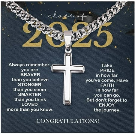 Cross Necklace with Cuban Chain for Son, Class of 2025 Graduation Necklace for Son from Mom and Dad with Message Card and Box, Graduation Gift Necklace for Son/Grandson, Religious Jewelry for Men