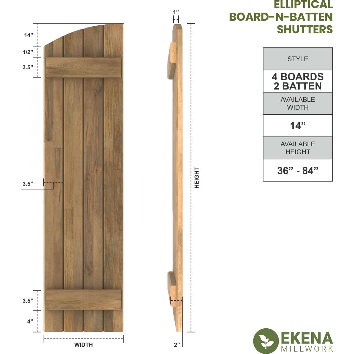 Ekena Millwork 14"W x 81"H Americraft Four Board (2 Batten) Exterior Real Wood Joined Board-n-Batten Shutters w/ Elliptical Top (Per Pair), Raisin Brown