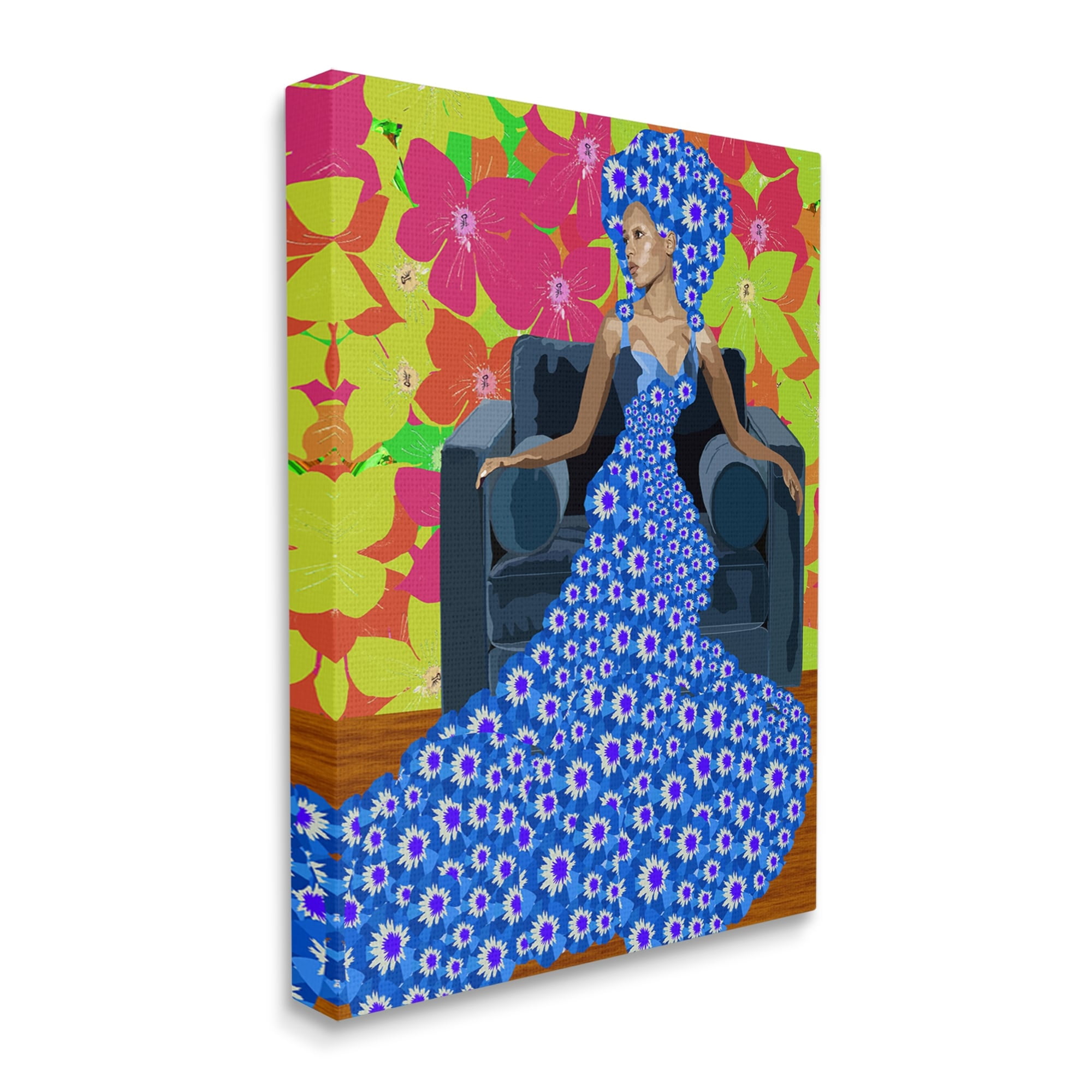 Stupell Industries Woman In Blue Retro Floral Pattern Botanical & Floral Painting Gallery Wrapped Canvas Print Wall Art