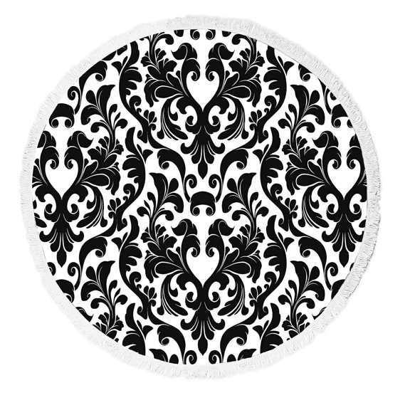 ZKGK Damask Pattern Round Beach Towel Beach Mats Beach Shawl Beach Blanket with Tassels Beach Throw Towel Yoga Mat