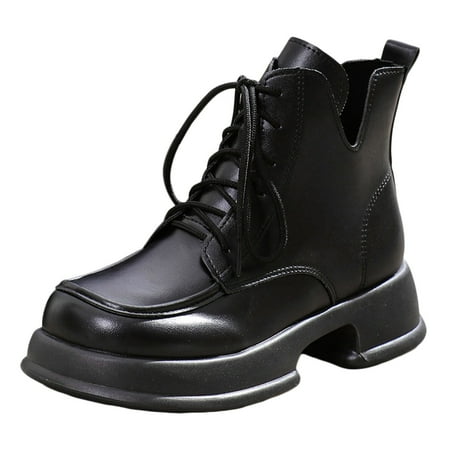 

Jungdeepe Women s Autumn And Winter Round Toe Thick Sole V Mouth Lace Up Low Women s Leather Boots