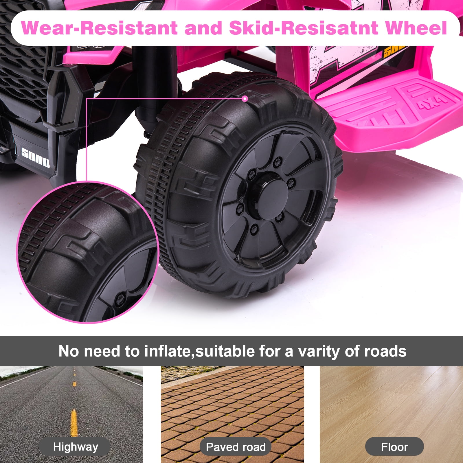 Kids Ride on ATV 6V Battery Powered, 4 Wheeler Electric Vehicle with Horn, MP3, Headlight, Best Gift for 18-36 Months Boys Girls, Adjustable Volume USB Toy Car（Pink）