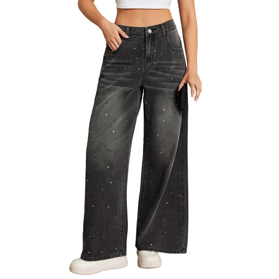 Jeans Y2K, Comdrip Baggy Jeans for Women High Waisted Straight Wide Leg Glitter Casual Denim Pants Trousers Cute Jeans for Women Black L