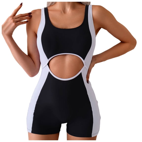 vigerkar Women's Swimsuit One Piece Swimsuits Color Block Bathing Suit for Teens Cutout Swimwear with Padded, Boy Shorts (Black, XXL)