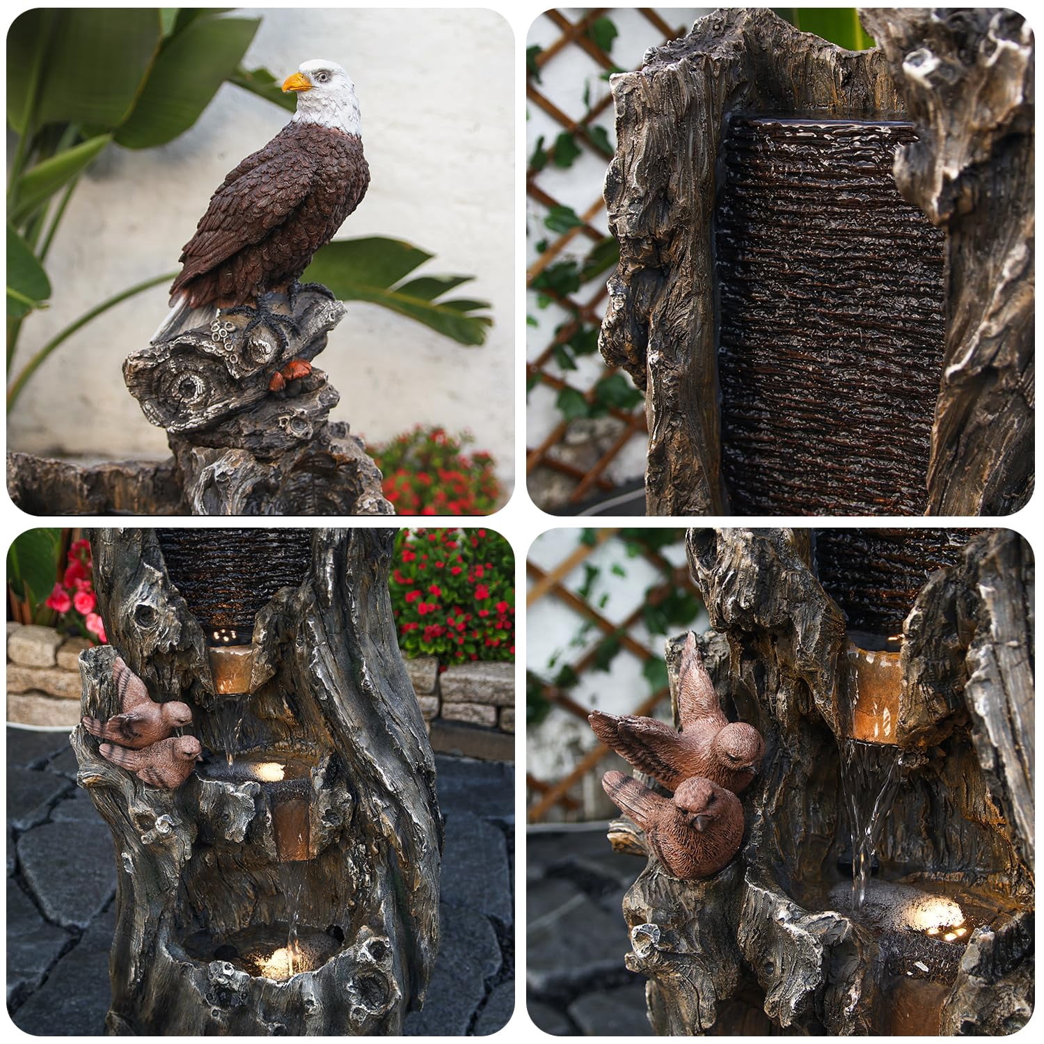 50.79" H Outdoor Rainforest Waterfall Tree Trunk Fountain with Bald Eagle Outdoor Cascading Water Feature for Garden Patio Backyard Landscape Decor 3-Tier Water Fountains