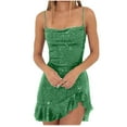 thumbnail image 4 of Fartey Sequin Homecoming Dresses for Women 2025 Irregular Ruffle Hem Mini Dress Spaghetti Straps Backless Cocktail Gowns Slim Fit Sleeveless Bodycon Dress Green S-XL, 4 of 5