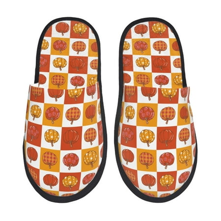 Balery Pumpkin Plaid Slient Indoor Furry Fleece Comfort House Shoes Soft Non-Slip Home Shoes Cotton slippers House Slippers-- Medium