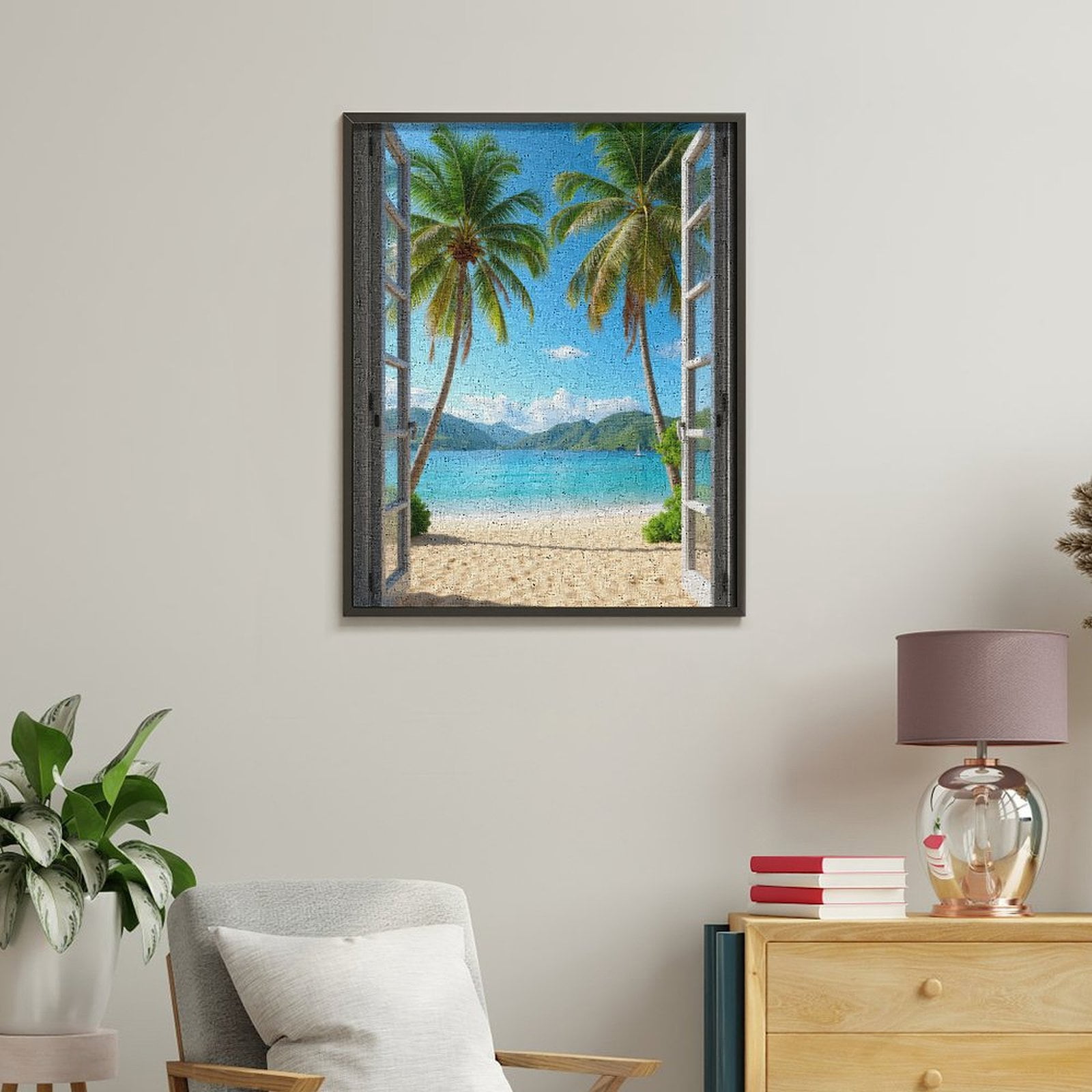 Paint by Numbers Kit for Adults, Beach View Open Window Palms Ocean Paint by Numbers, Easy Paint by Numbers Kit for Adults Beginner, DIY Adult Paint by Number Kits on Canvas, Home Decor