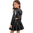 thumbnail image 2 of Hansber Kids Girls Hip Hop Dance Outfit Shiny Metallic Cropped Hoodie Sweatshirt Sports Bra and Skirt Set Black White 16, 2 of 6