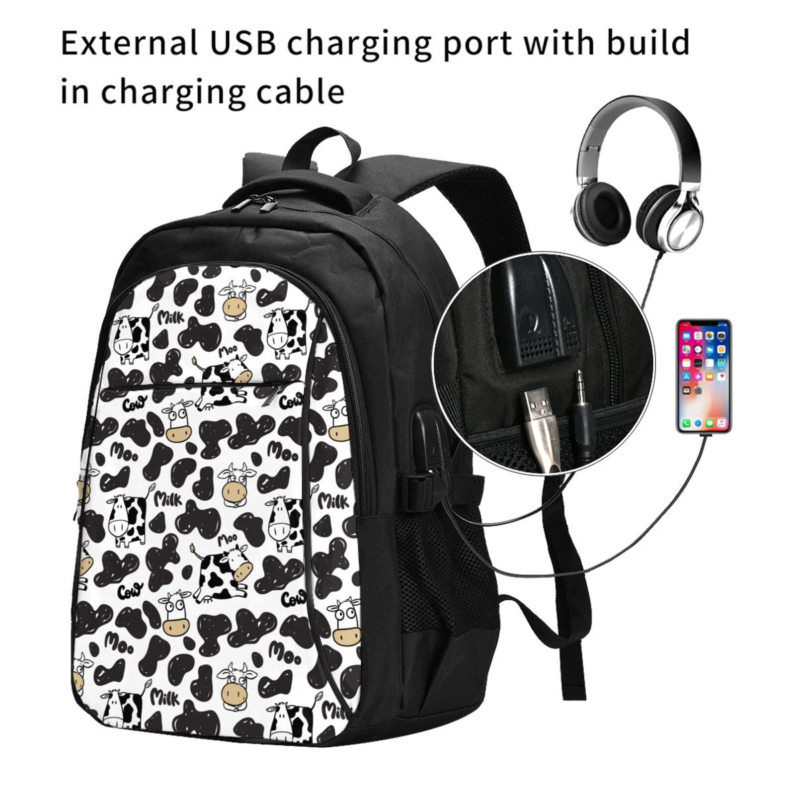 Horeoi Cow Print USB Backpack for Travel School Work with Laptop Compartment Charging Port and Anti-Theft Pocket