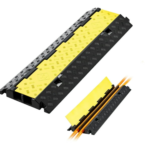 KFFKFF Durable Cable Protector Ramp, 22,000 lbs/axle Load Capacity, 2-Channel Rubber Cover for Cords and Hoses, 2.2 x 2 in Channels, Traffic Speed Bump with Flip-Open Lid