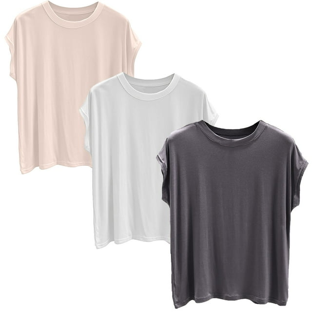 Yubnlvae Lot de 3 T-Shirts de Base en Modal - T-Shirts à Col Rond Doux à Manches Courtes pour Femmes (Port Quotidien Respirant / Confort Léger) (I / TG)