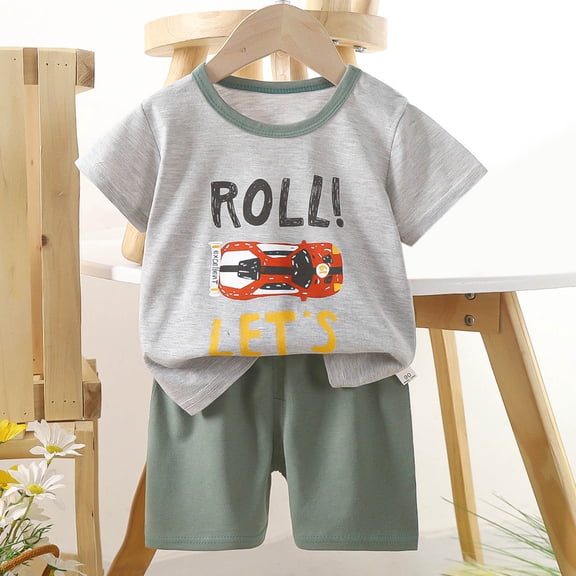 ITSAME Boys Outfit Sets(6M-8T), Cotton Lightweight Crewneck Short Sleeve Top and Elastic Waist Shorts Two Piece Summer Casual Comfortable Sets Gray 4T