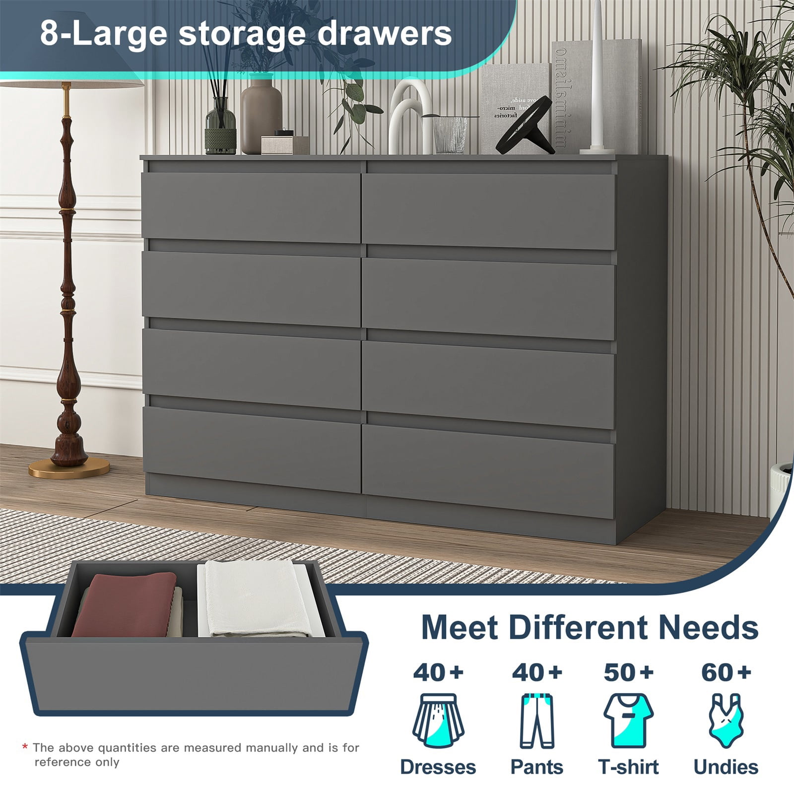 Hommoo Gray 8 Drawer Dresser, Wood Modern Storage Cabinet Dresser Organizer, Chest of Drawers for Living Room, Closet, Hallway, Nursery
